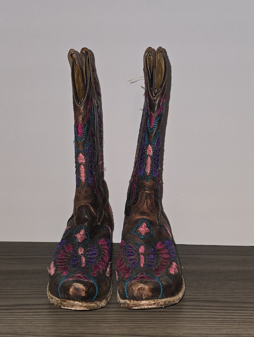 Women’s Brown Embroidered Lace-Up Western Boots with Pink & Teal Accents #111 - Picture 1 of 2